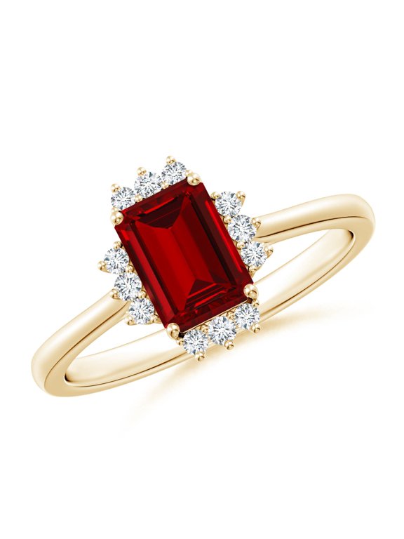 Lab Grown 1 Ct Prong-Set Emerald-Cut Ruby Halo Engagement Ring for Women in 14K Yellow Gold (Size-7x5mm) | July Birthstone, Birthday, Anniversary, Jewelry Gift for Women | Lab-Grown Ruby Ring
