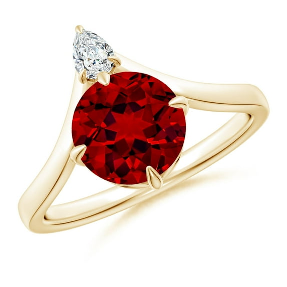 ANGARA Lab Grown 2.1 Ct Prong-Set Round Ruby Chevron Engagement Ring for Women in 14K Yellow Gold (Size-8mm) | July Birthstone, Birthday, Anniversary, Jewelry Gift for Women | Lab-Grown Ruby Ring