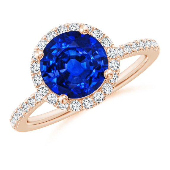 ANGARA Lab Grown 2.2 Ct Round Blue Sapphire Halo Engagement Ring for Women in 14K Rose Gold (Size-8mm) | September Birthstone, Anniversary, Jewelry Gift for Women | Lab-Grown Blue Sapphire Ring