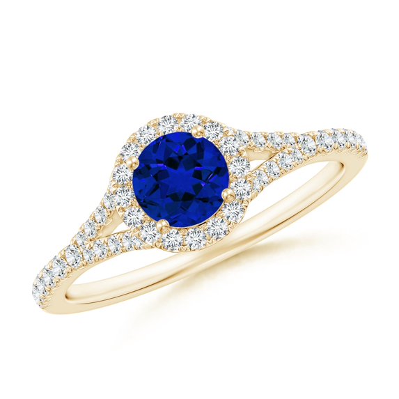 ANGARA Lab Grown Blue Sapphire Halo Split Shank Engagement Ring for Women in 14K Yellow Gold (Size-5mm) | September Birthstone, Anniversary, Jewelry Gift for Women | Lab-Grown Blue Sapphire Ring