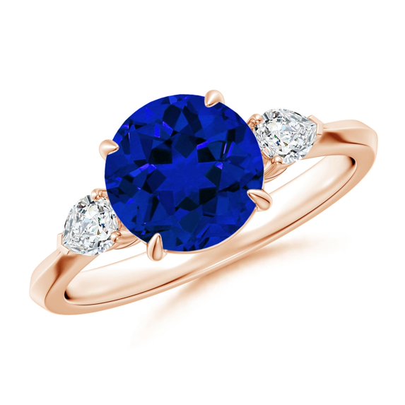 ANGARA Lab Grown 2.2 Ct Blue Sapphire & Diamond 3 Stone Engagement Ring for Women in 14K Rose Gold (Size-8mm) | September Birthstone, Anniversary Jewelry Gift for Women | Lab-Grown Blue Sapphire Ring