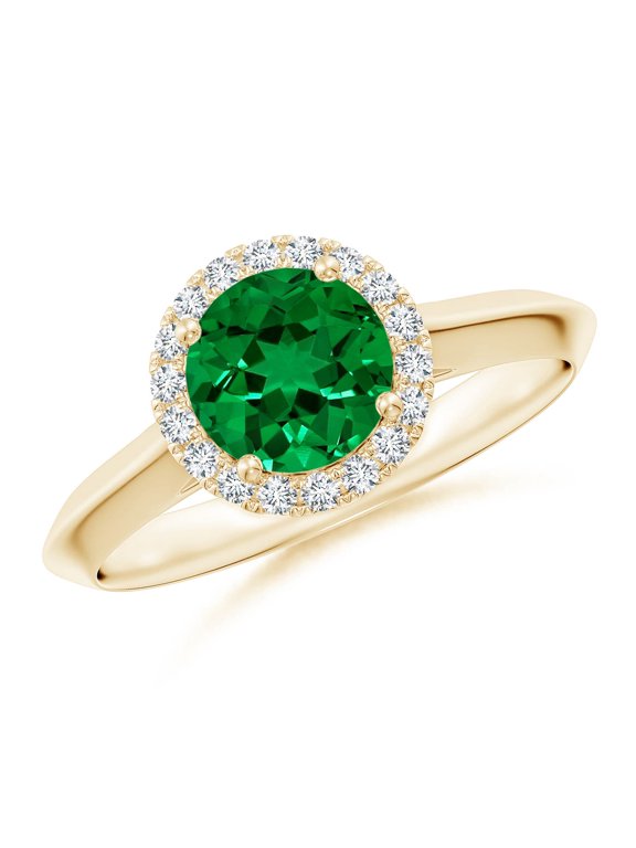 Lab Grown Round Emerald Halo Engagement Ring for Women in 14K Yellow Gold (Size-6.5mm) | May Birthstone, Birthday, Anniversary, Jewelry Gift for Women | Lab-Grown Emerald Ring