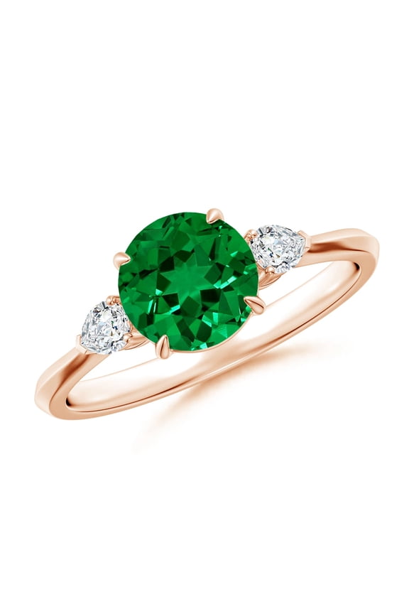 Lab Grown 1.2 Ct Round Emerald and Pear Diamond Three Stone Engagement Ring in 14K Rose Gold for Women (Size-7mm) | May Birthstone, Anniversary, Jewelry Gift for Women | Lab Grown Emerald Ring