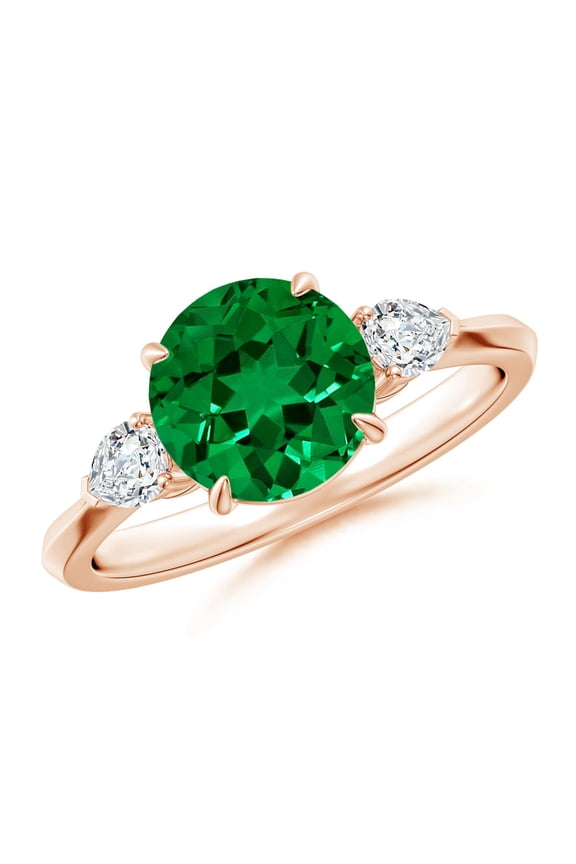 Lab Grown 1.75 Ct Round Emerald and Diamond Three Stone Engagement Ring in 14K Rose Gold for Women (Size-8mm) | May Birthstone, Anniversary, Jewelry Gift for Women | Lab Grown Emerald Ring