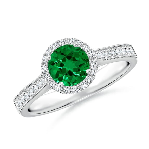 ANGARA Lab Grown Round Emerald Reverse Tapered Shank Halo Engagement Ring for Women in 14K White Gold (Size-6mm) | May Birthstone, Anniversary, Jewelry Gift for Women | Lab-Grown Emerald Ring