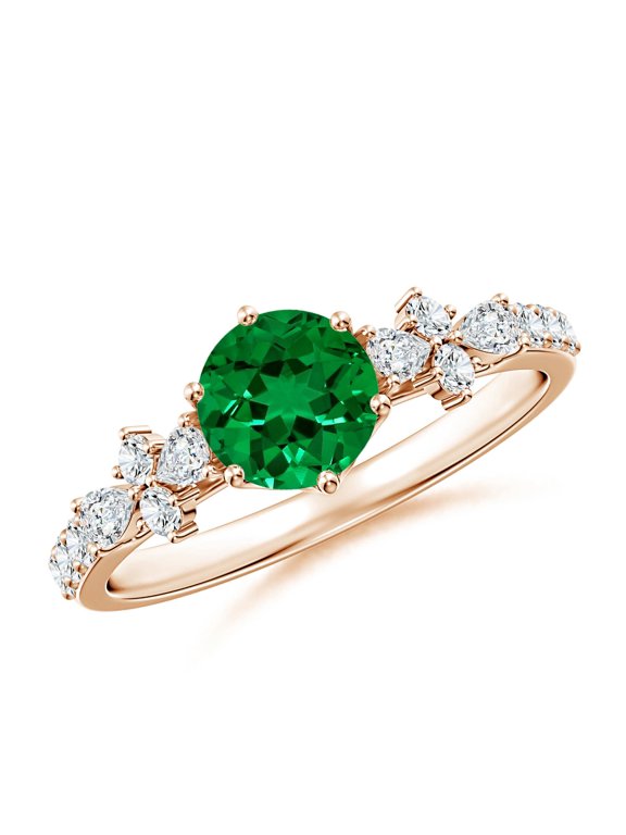 Lab Grown Round Emerald Side Stone Engagement Ring with Accents for Women in 14K Rose Gold (Size-6mm) | May Birthstone, Birthday, Anniversary, Jewelry Gift for Women | Lab-Grown Emerald Ring