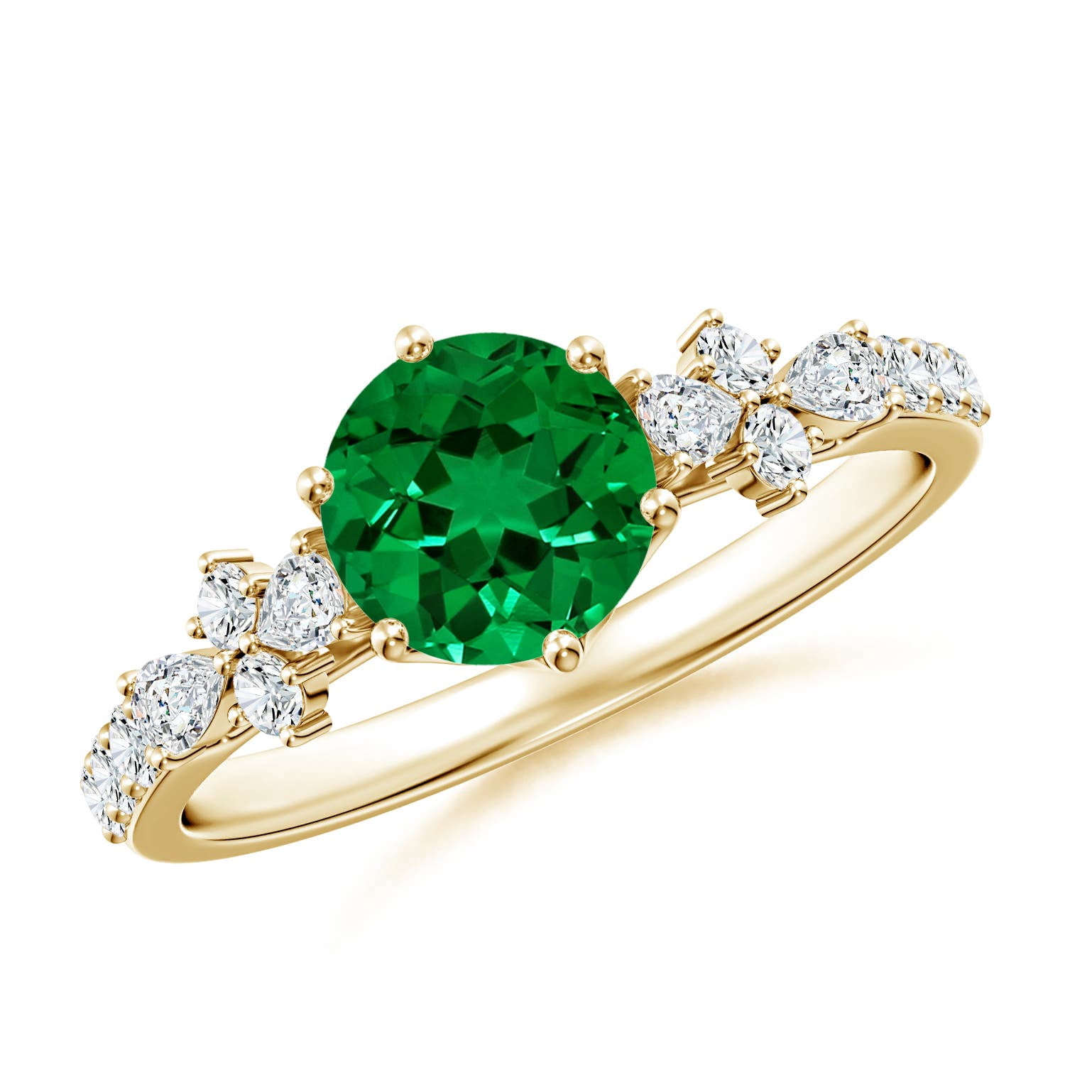 Large Yellow Lab ANGARA Lab Grown Round Emerald Side Stone Engagement Ring with Accents ...