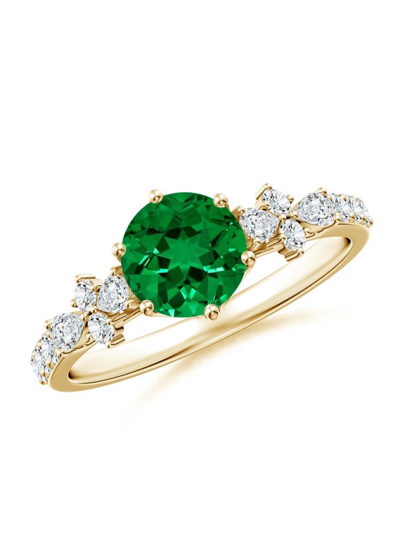 Lab Grown Round Emerald Side Stone Engagement Ring with Accents in 14K Yellow Gold for Women (Size-6.5mm) | May Birthstone, Anniversary, Jewelry Gift for Women | Lab Grown Emerald Ring