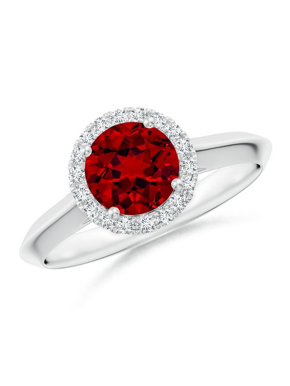 Lab Grown Round Ruby Halo Knife-Edge Shank Engagement Ring for Women in 14K White Gold (Size-6.5mm) | July Birthstone Jewelry for Her | Lab-Grown Ruby Engagement Rings