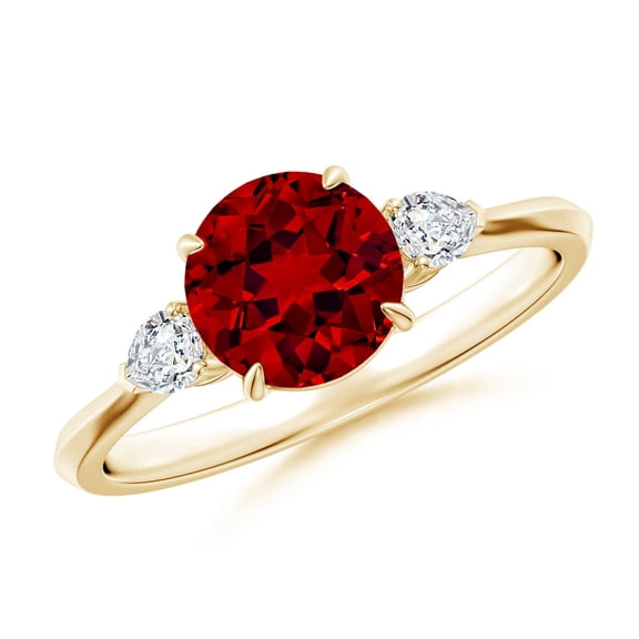 ANGARA Lab Grown 1.4 Ct Round Ruby and Pear Diamond Three Stone Engagement Ring for Women in 14K Yellow Gold (Size-7mm) | July Birthstone, Anniversary, Jewelry Gift for Women | Lab-Grown Ruby Ring