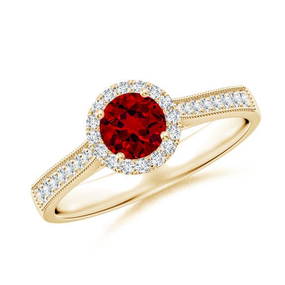 ANGARA Lab Grown Round Ruby Reverse Tapered Shank Halo Engagement Ring for Women in 14K Yellow Gold (Size-5mm) | July Birthstone, Birthday, Anniversary, Jewelry Gift for Women | Lab-Grown Ruby Ring