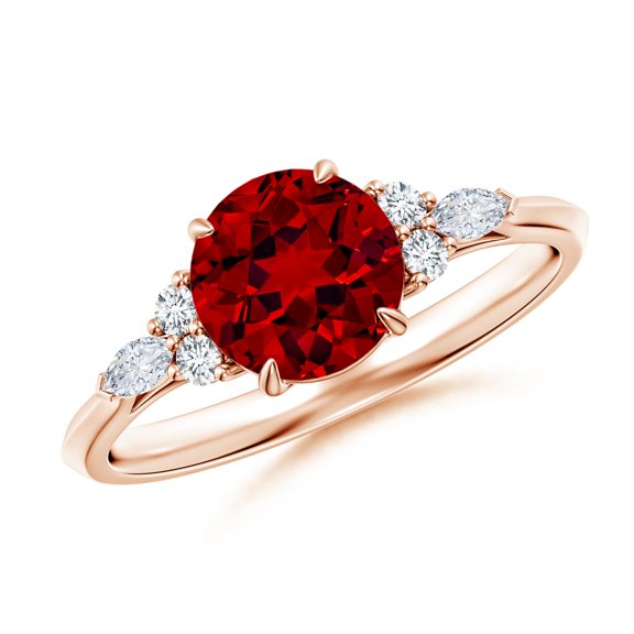 ANGARA Lab Grown 1.4 Ct Round Ruby Side Stone Engagement Ring with Diamonds for Women in 14K Rose Gold (Size-7mm) | July Birthstone, Anniversary, Jewelry Gift for Women | Lab-Grown Ruby Ring
