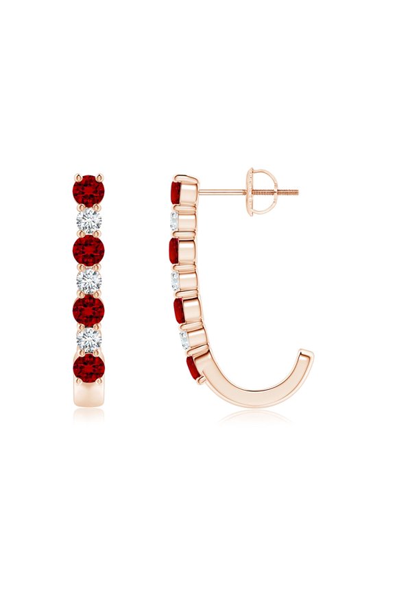 Lab Grown 1.2 Ct Ruby and Diamond J-Hoop Earrings for Women in 14K Rose Gold (Size-3mm) | July Birthstone, Birthday, Anniversary, Jewelry Gift for Women | Lab-Grown Ruby Earrings
