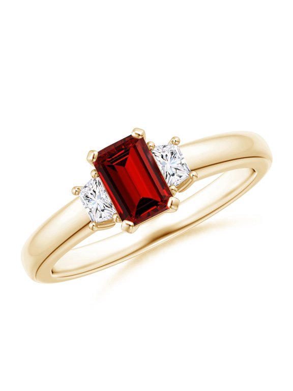 Lab Grown Ruby and Lab Diamond Three Stone Ring for Women in 14K Yellow Gold (Size-6x4mm) | July Birthstone, Birthday, Anniversary, Jewelry Gift for Women | Lab-Grown Ruby Ring