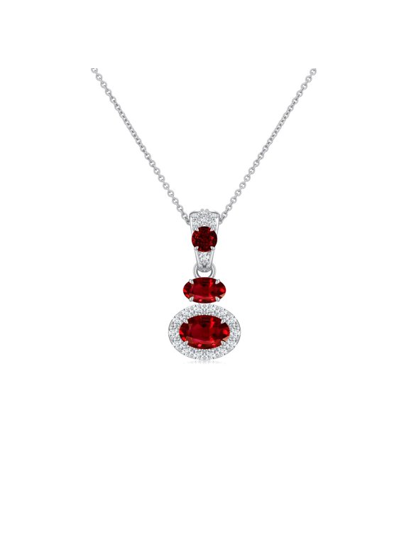 Lab Grown Ruby Necklace for Women in 14K White Gold - Oval Ruby Halo Drop Pendant Necklace, July Birthstone Jewelry
