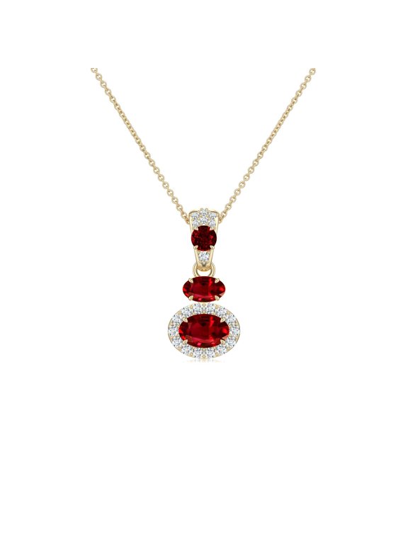 Lab Grown Ruby Necklace for Women in 14K Yellow Gold - Oval Ruby Halo Drop Pendant Necklace, July Birthstone Jewelry