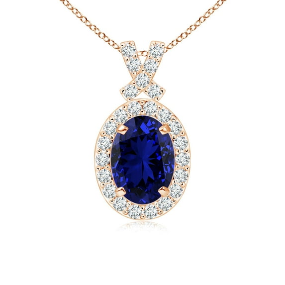 ANGARA Lab Grown Sapphire Pendant with Lab Diamond Halo for Women in 14K Rose Gold (Size-7x5mm) | September Birthstone, Anniversary, Jewelry Gift for Women | Lab-Grown Blue Sapphire Necklace
