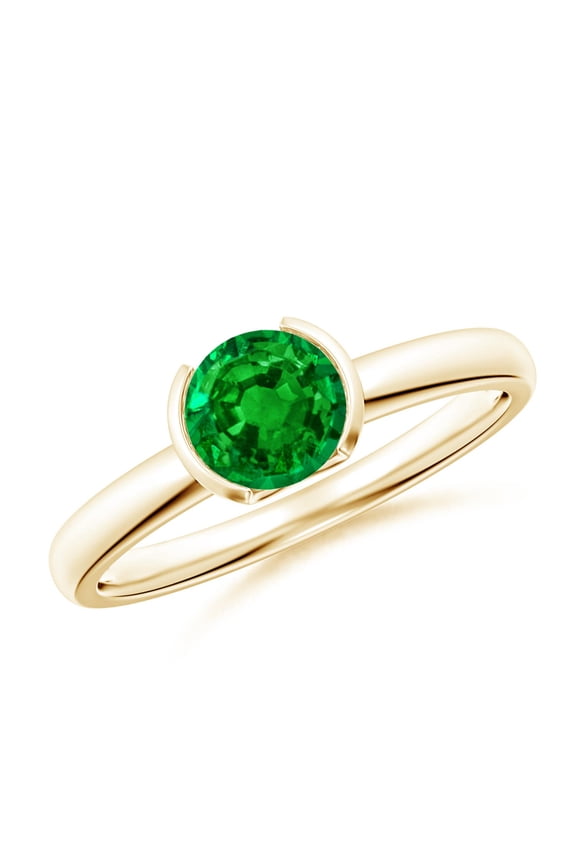 Lab Grown Semi Bezel-Set Emerald Solitaire Engagement Ring for Women in 14K Yellow Gold (Size-6mm) | May Birthstone, Birthday, Anniversary, Jewelry Gift for Women | Lab-Grown Emerald Ring