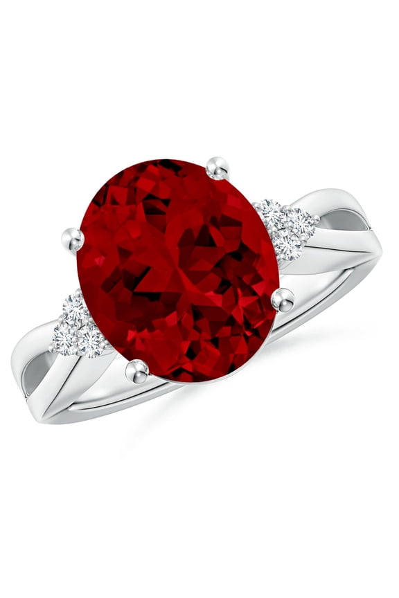 Lab Grown 6 Ct Ruby Split Shank Engagement Ring with Trio Diamonds in 925 Sterling Silver for Women (Size-12x10mm) | July Birthstone, Anniversary, Jewelry Gift for Women | Lab Grown Ruby Ring