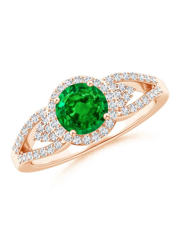 Lab Grown Split Shank Round Emerald Halo Ring with Cluster Diamonds in 14K Rose Gold for Women (Size-6mm) | May Birthstone, Anniversary, Jewelry Gift for Women | Lab Grown Emerald Ring