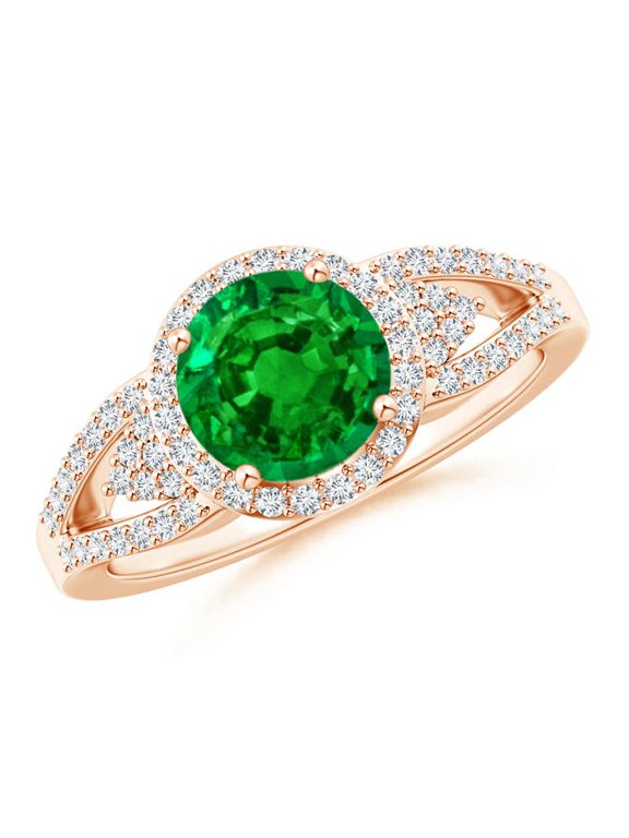 Lab Grown 1.2 Ct Split Shank Round Emerald Halo Ring with Cluster Diamonds for Women in 14K Rose Gold (Size-7mm) | May Birthstone, Anniversary, Jewelry Gift for Women | Lab-Grown Emerald Ring