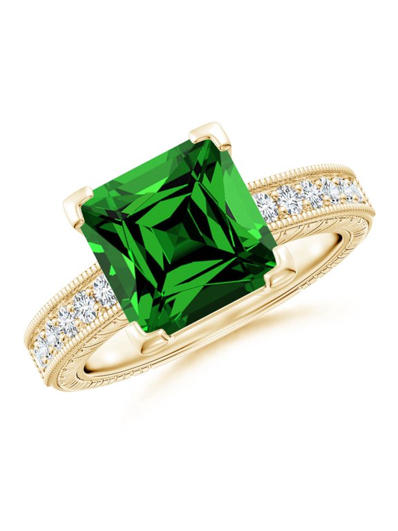 Lab Grown 2.5 Ct Square Cut Emerald Ring with Milgrain Detailing for Women in 14K Yellow Gold (Size-9mm) | May Birthstone, Anniversary, Jewelry Gift for Women | Lab-Grown Emerald Ring