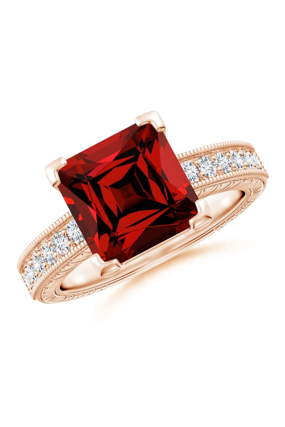 Lab Grown Square Cut Ruby Solitaire Ring with Milgrain Detailing for Women in 14K Rose Gold (Size-9mm) | July Birthstone Jewelry for Her | Lab-Grown Ruby Engagement Rings