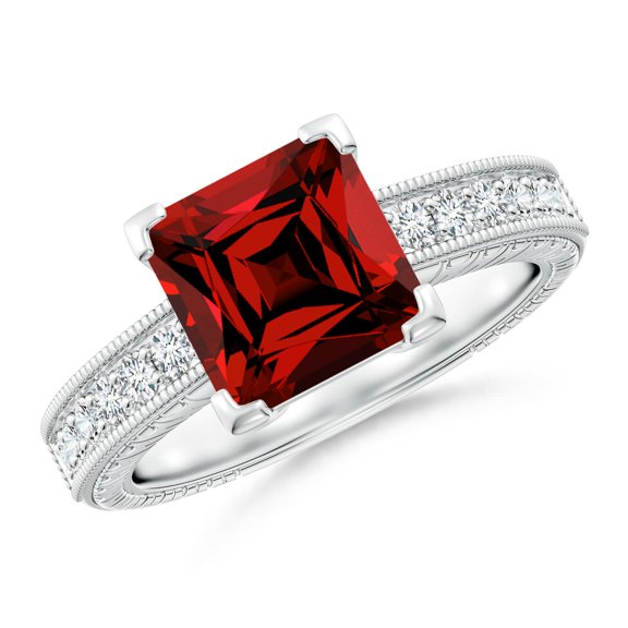 ANGARA Lab Grown 2.1 Ct Square Cut Ruby Solitaire Ring with Milgrain Detailing for Women in 14K White Gold (Size-8mm) | July Birthstone, Anniversary, Jewelry Gift for Women | Lab-Grown Ruby Ring
