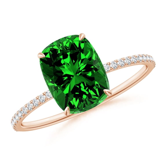 ANGARA Lab Grown 1.75 Ct Thin Shank Cushion Emerald Ring with Lab Diamond Accents for Women in 14K Rose Gold (Size-9x7mm) | May Birthstone, Anniversary Jewelry Gift for Women | Lab-Grown Emerald Ring