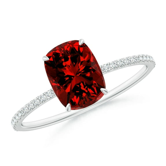 ANGARA Lab Grown 1.4 Ct Thin Shank Cushion Ruby Ring with Lab Diamond Accents for Women in 14K White Gold (Size-8x6mm) | July Birthstone, Anniversary, Jewelry Gift for Women | Lab-Grown Ruby Ring