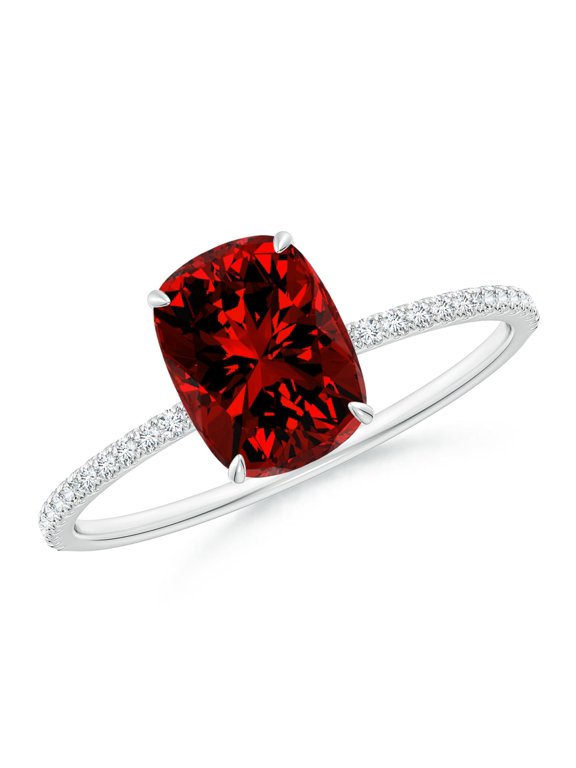 Lab Grown Thin Shank Cushion Ruby Ring with Lab Diamond Accents for Women in 14K White Gold (Size-8x6mm) | July Birthstone Jewelry for Her | Lab-Grown Ruby Engagement Rings