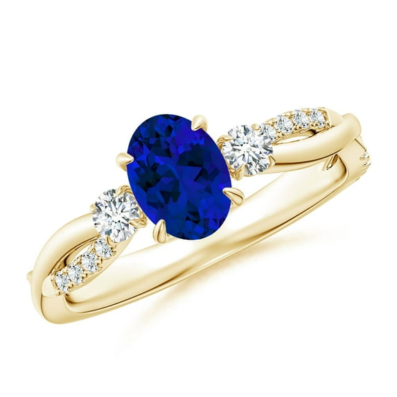 ANGARA Lab Grown 3 Stone Blue Sapphire & Diamond Engagement Ring for Women in 14K Yellow Gold (Size-7x5mm) | September Birthstone, Anniversary, Jewelry Gift for Women | Lab-Grown Blue Sapphire Ring