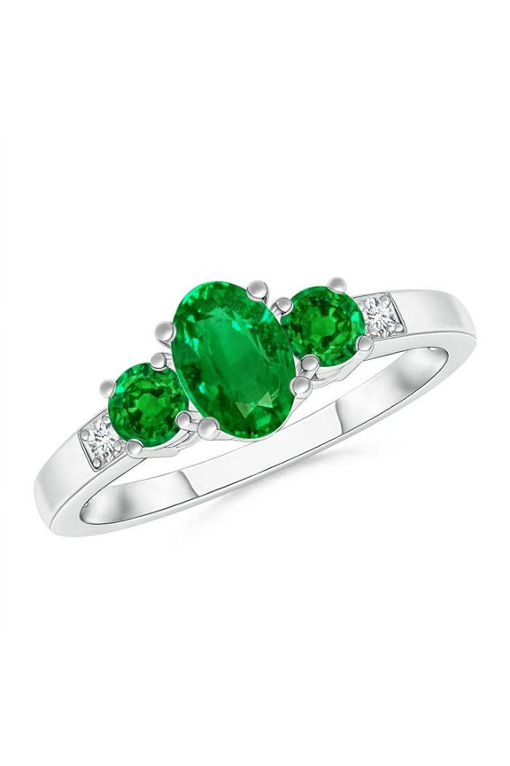 Lab Grown Three Stone Emerald Engagement Ring with Diamond Accents for Women in 14K White Gold (Size-6x4mm) | May Birthstone, Anniversary, Jewelry Gift for Women | Lab-Grown Emerald Ring