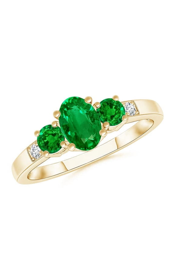 Lab Grown Three Stone Emerald Engagement Ring with Diamond Accents for Women in 14K Yellow Gold (Size-6x4mm) | May Birthstone, Anniversary, Jewelry Gift for Women | Lab-Grown Emerald Ring