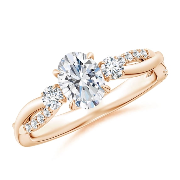 ANGARA Lab Grown Three Stone & Diamond Engagement Ring in 14K Rose Gold for Women (Size-7x5mm| Color-F-G| Clarity-VS) | April Birthstone, Anniversary, Jewelry Gift for Women | Lab Grown Diamond Ring