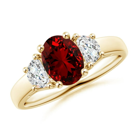 ANGARA Lab Grown 1.25 Ct Three Stone Oval Ruby and Half Moon Lab Diamond Ring for Women in 14K Yellow Gold (Size-8x6mm) | July Birthstone, Anniversary, Jewelry Gift for Women | Lab-Grown Ruby Ring