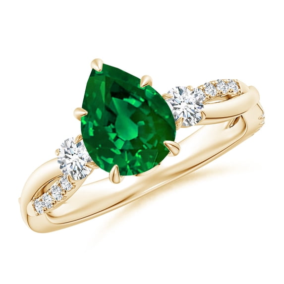 ANGARA Lab Grown 1.5 Ct Three Stone Pear Emerald & Diamond Engagement Ring for Women in 14K Yellow Gold (Size-9x7mm) | May Birthstone, Anniversary, Jewelry Gift for Women | Lab-Grown Emerald Ring
