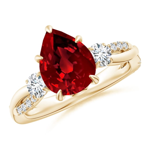 ANGARA Lab Grown 2.7 Ct Three Stone Pear Ruby & Diamond Engagement Ring for Women in 14K Yellow Gold (Size-10x8mm) | July Birthstone, Anniversary, Jewelry Gift for Women | Lab-Grown Ruby Ring