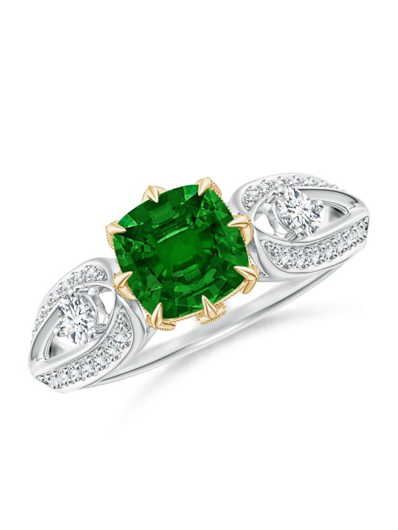 Lab Grown Vintage Inspired Cushion Emerald Split Shank Ring for Women in 14K White & Yellow Gold (Size-6mm) | May Birthstone, Anniversary, Jewelry Gift for Women | Lab-Grown Emerald Ring