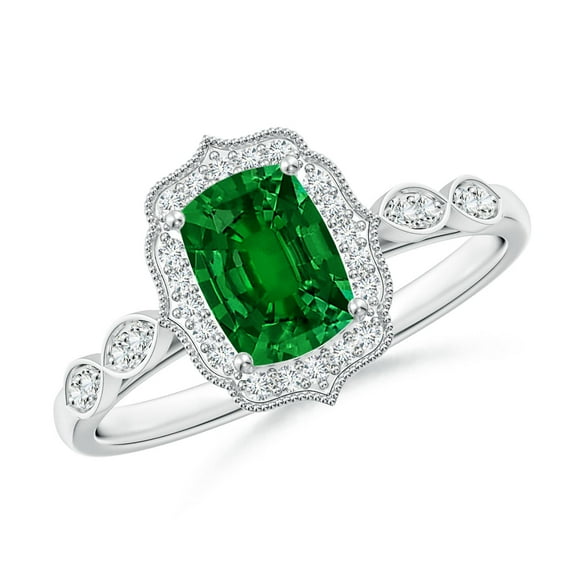 ANGARA Lab Grown Cushion Rectangular Emerald Ornate Engagement Ring for Women in 14K White Gold (Size-7x5mm) | May Birthstone, Anniversary, Jewelry Gift for Women | Lab-Grown Emerald Ring