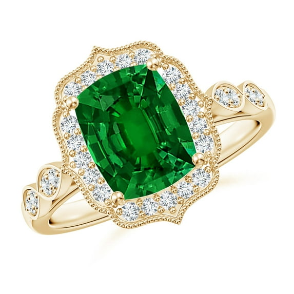 ANGARA Lab Grown Cushion Rectangular Emerald Ornate Engagement Ring for Women in 14K Yellow Gold (Size-9x7mm) | May Birthstone, Anniversary, Jewelry Gift for Women | Lab-Grown Emerald Ring