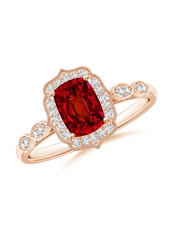 Lab Grown Vintage Inspired Cushion Rectangular Ruby Ornate Engagement Ring for Women in 14K Rose Gold (Size-7x5mm) | July Birthstone, Anniversary, Jewelry Gift for Women | Lab-Grown Ruby Ring