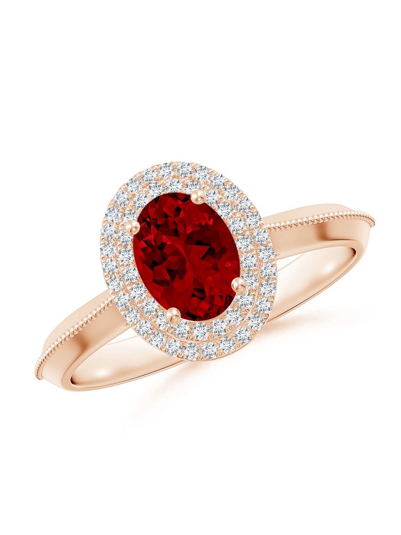 Lab Grown 1 Ct Vintage Inspired Oval Ruby Double Halo Engagement Ring in 14K Rose Gold for Women (Size-7x5mm) | July Birthstone, Anniversary, Jewelry Gift for Women | Lab Grown Ruby Ring
