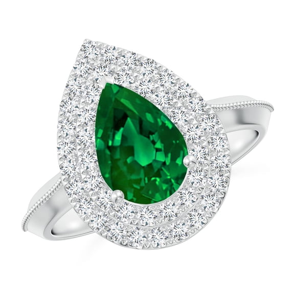 ANGARA Lab Grown 1.5 Ct Vintage Inspired Pear Emerald Double Engagement Ring for Women in 14K White Gold (Size-9x7mm) | May Birthstone, Anniversary, Jewelry Gift for Women | Lab-Grown Emerald Ring