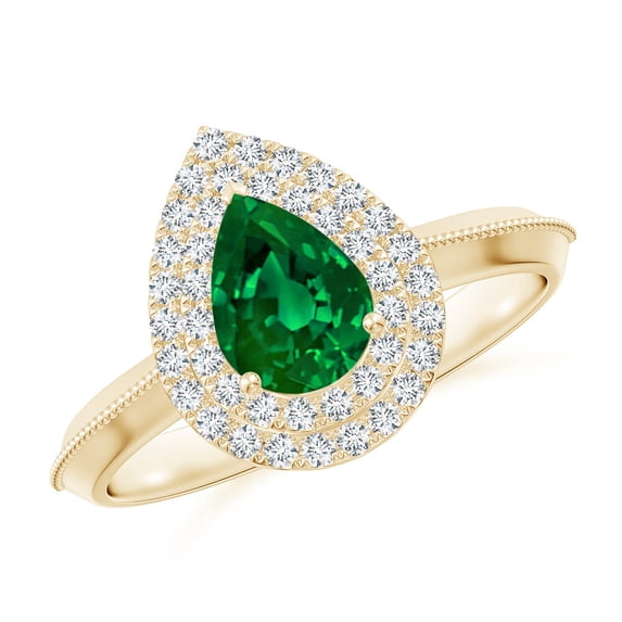 ANGARA Lab Grown Vintage Inspired Pear Emerald Double Halo Engagement Ring for Women in 14K Yellow Gold (Size-7x5mm) | May Birthstone, Anniversary, Jewelry Gift for Women | Lab-Grown Emerald Ring
