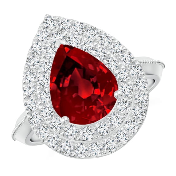 ANGARA Lab Grown 2.7 Ct Vintage Inspired Pear Ruby Double Halo Engagement Ring for Women in 14K White Gold (Size-10x8mm) | July Birthstone, Anniversary, Jewelry Gift for Women | Lab-Grown Ruby Ring