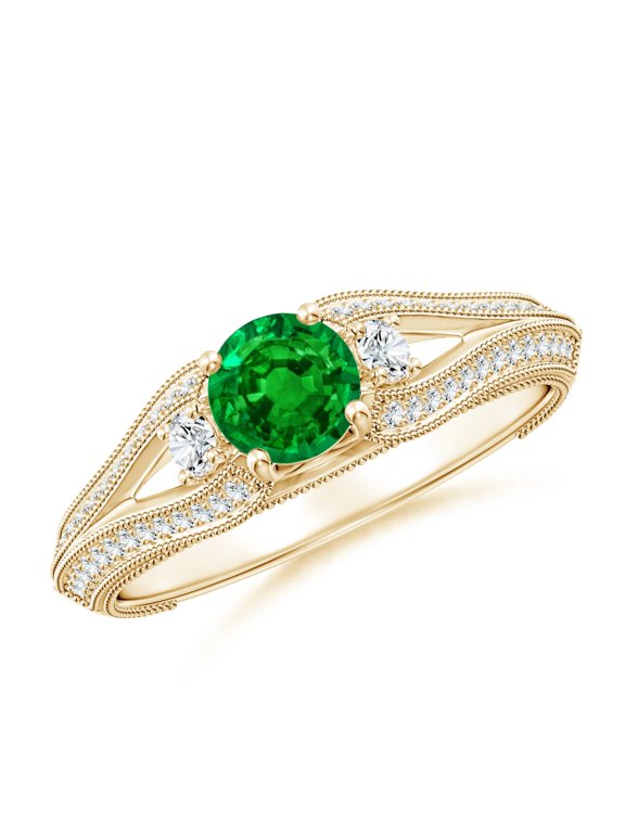 Lab Grown Vintage Inspired Round Emerald & Diamond Three Stone Ring for Women in 14K Yellow Gold (Size-5mm) | May Birthstone, Anniversary, Jewelry Gift for Women | Lab-Grown Emerald Ring