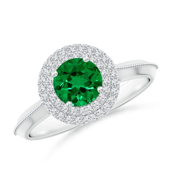 ANGARA Lab Grown Vintage Inspired Round Emerald Double Halo Engagement Ring for Women in 14K White Gold (Size-6mm) | May Birthstone, Anniversary, Jewelry Gift for Women | Lab-Grown Emerald Ring