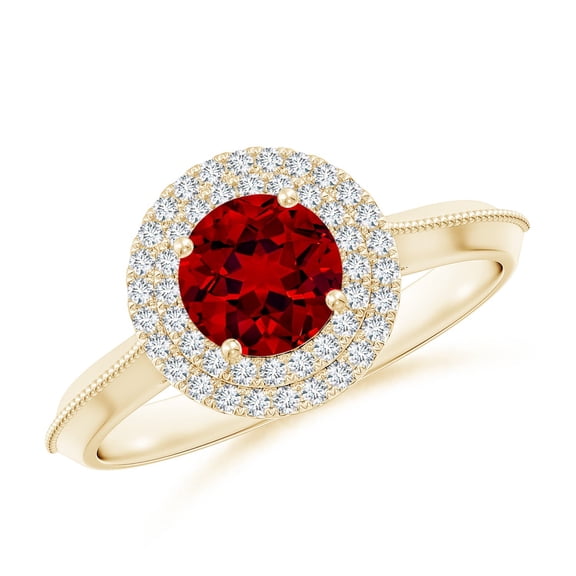 ANGARA Lab Grown 1 Ct Vintage Inspired Round Ruby Double Halo Engagement Ring for Women in 14K Yellow Gold (Size-6mm) | July Birthstone, Anniversary, Jewelry Gift for Women | Lab-Grown Ruby Ring
