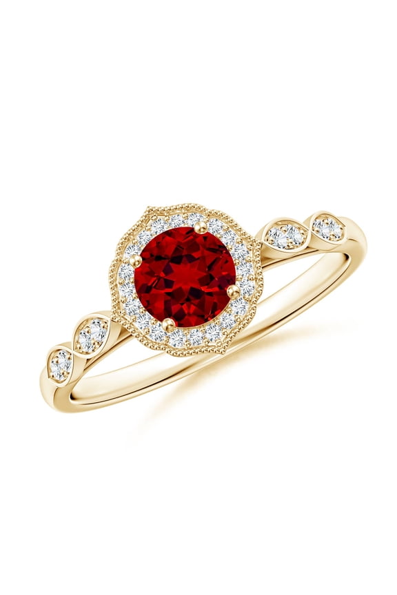 Lab Grown Vintage Inspired Round Ruby Ornate Halo Engagement Ring in 14K Yellow Gold for Women (Size-5mm) | July Birthstone, Birthday, Anniversary, Jewelry Gift for Women | Lab Grown Ruby Ring